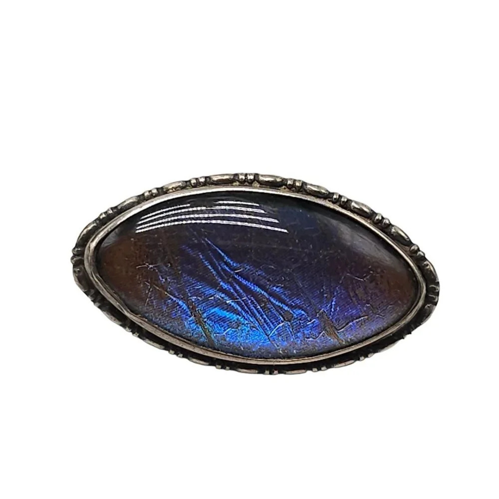 Sterling Silver Morpho Butterfly Wings Oval Brooch Pin Vintage Made in Englanda